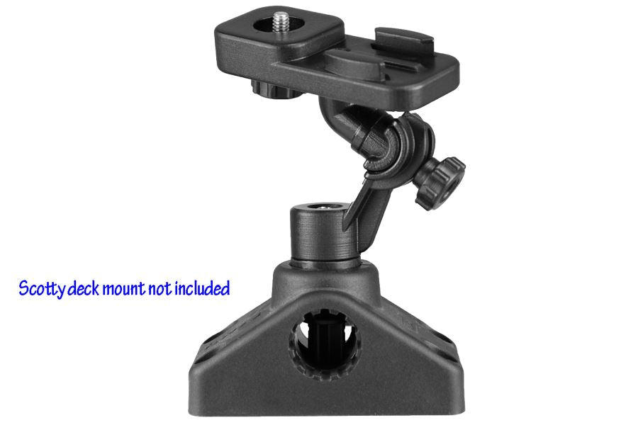 Black Scotty Camera Mounting Post with adjustable arm and universal camera screw mount.