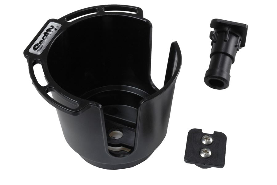 Black Scotty Cup Holder with post and slide-on button mounts, including two screws.