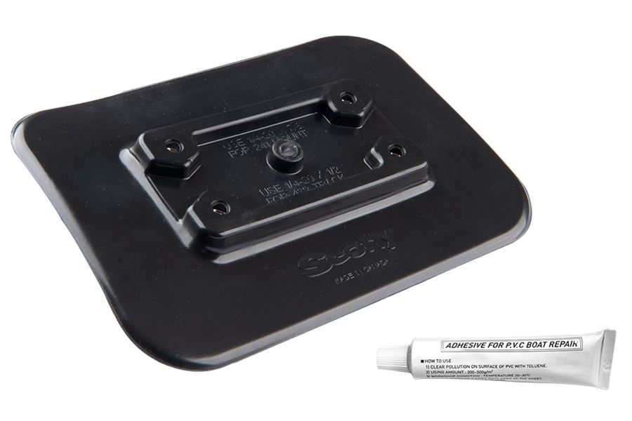 Black 5"x7" Scotty glue-on PVC mounting pad with four screw holes and a tube of adhesive.