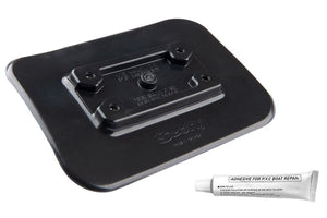Black 5"x7" Scotty glue-on PVC mounting pad with four screw holes and a tube of adhesive.