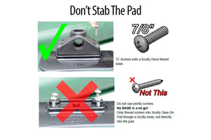 Black Sea Eagle Scotty Glue-on Mounting Pad with correct and incorrect screw usage.