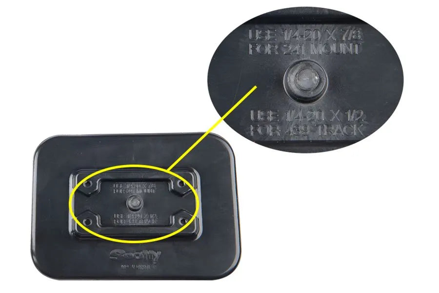 Black Scotty Glue-on Mounting Pad, 5" x 7" PVC, with screw holes and embossed text for mounting.