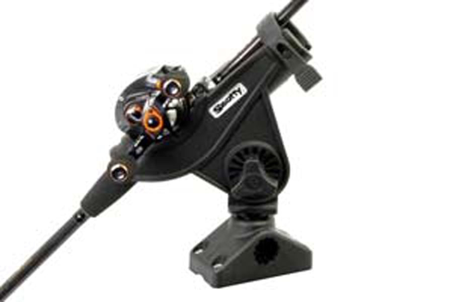 Black fiber reinforced nylon Sea Eagle Scotty Rod Holder with baitcaster reel.