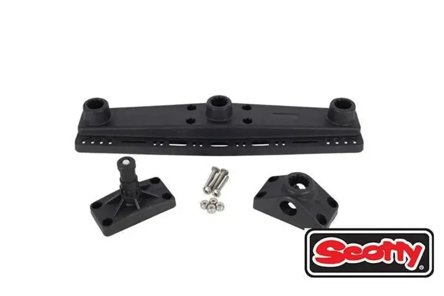 Black fiber-reinforced nylon Scotty Triple Rod Holder Mounting System with three accessory ports and tool rack.