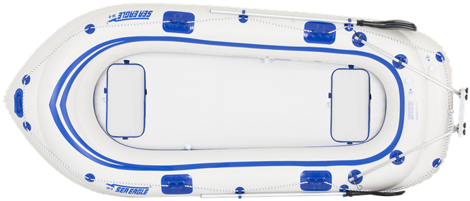 Top-down view of a white Sea Eagle 9 inflatable boat with blue accents, two oars, and a motor mount.