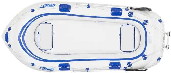 Top-down view of a white Sea Eagle 9 inflatable boat with blue accents, two oars, and a motor mount.