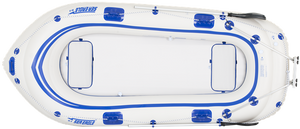 Top-down view of a white Sea Eagle 9 inflatable boat with blue accents, two oars, and a motor mount.