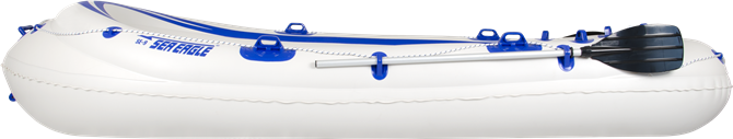 White Sea Eagle 9 inflatable boat with blue accents, oarlocks, and a black oar.