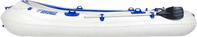 White Sea Eagle 9 inflatable boat with blue accents, oarlocks, and a black oar.