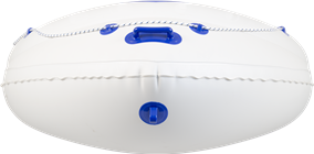 White inflatable boat with blue accents, rope lacing, and a top handle.