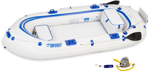 White Sea Eagle 9 inflatable boat with blue trim, two seats, oars, and included pump.
