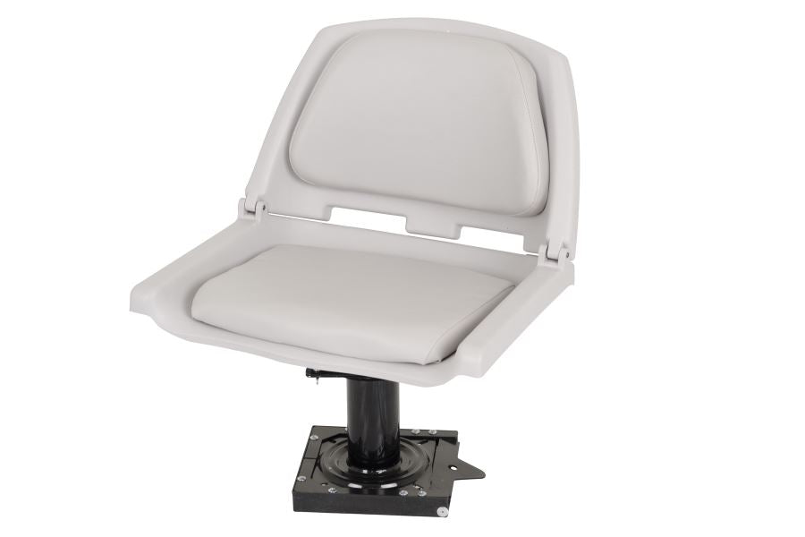 Sea Eagle gray folding boat seat with light gray cushions on a black pedestal mount.