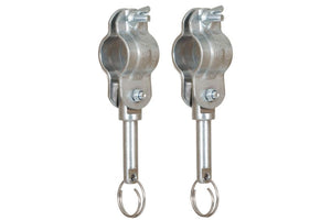 Set of 2 galvanized steel oarlock pins with clamps and retainer rings for thin shaft oars.