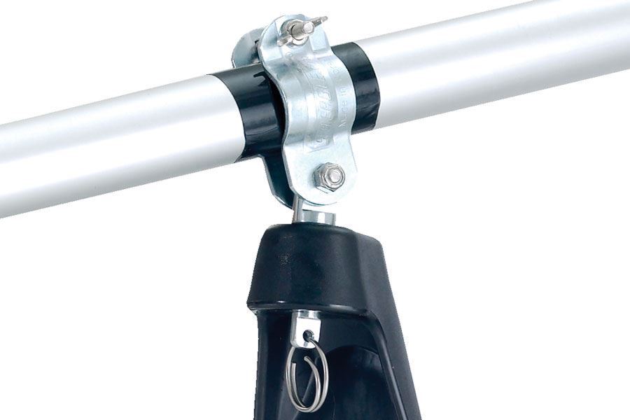 Galvanized steel oarlock pin with clamp and retainer ring, attached to a silver oar.