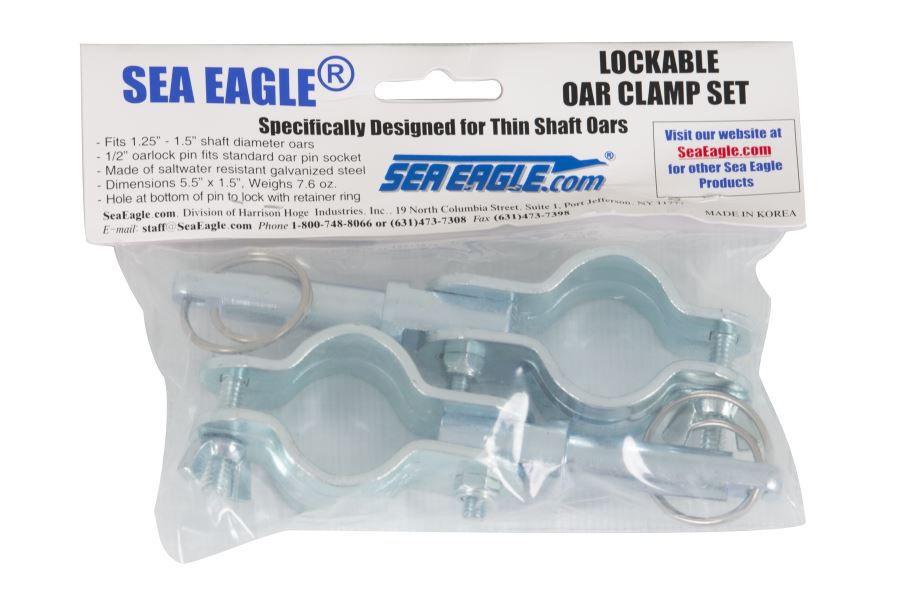 Sea Eagle lockable oar clamp set with two galvanized steel oarlock pins and retainer rings.