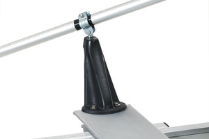 Black engineering plastic oarlock, angled for rowing, mounted on a silver boat frame with a silver oar.