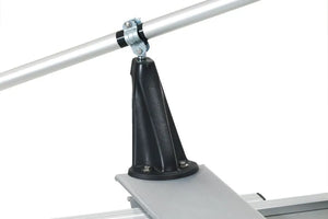 Black engineering plastic oarlock, angled for rowing, mounted on a silver boat frame with a silver oar.