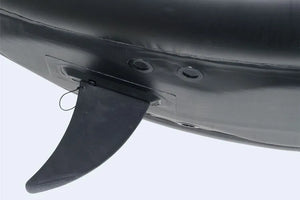 Black Sea Eagle skeg base attached to an inflatable kayak or SUP, showing the fin and mounting holes.