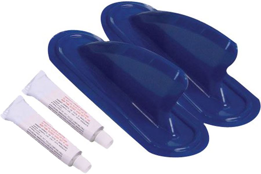 Two blue molded Sea Eagle skegs with two tubes of glue for kayaks and PaddleSkis.