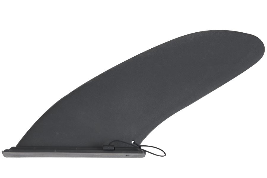 Black, swept-back Sea Eagle slide-in skeg with a securing lanyard, designed for weed-less propulsion.