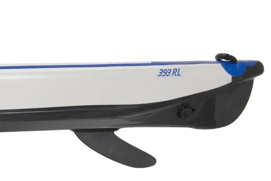 Black, swept-back Sea Eagle slide-in skeg with a securing lanyard, designed for weed-less propulsion.