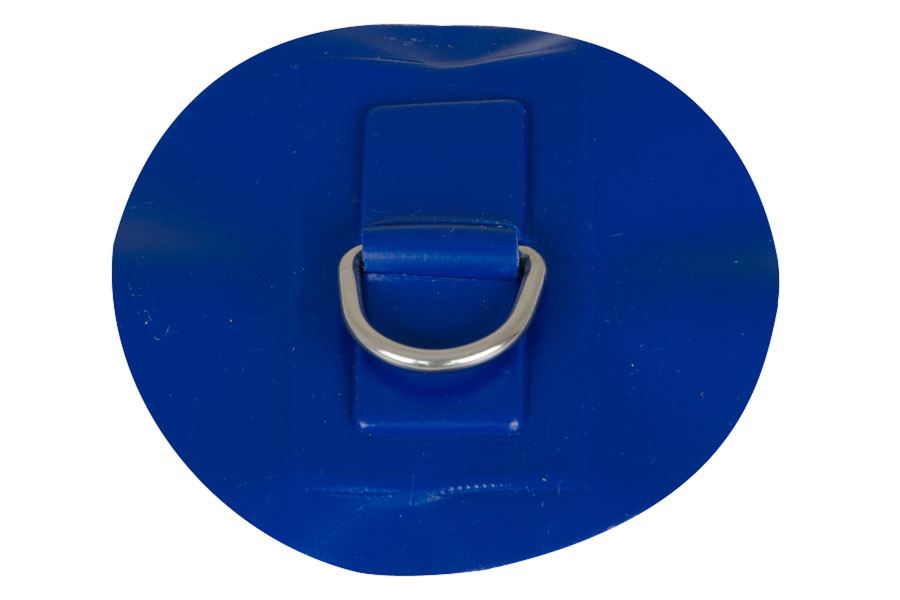 Small blue D-ring with a silver metal ring, 3/4" in size, for inflatable boats.