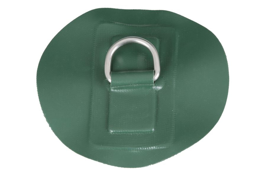 Small green D-ring patch with a silver metal D-ring, 3/4" wide, for Sea Eagle boats.
