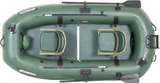 Hunter Green Sea Eagle Stealth Stalker 10 inflatable fishing boat with two seats, oars, and fish rulers.