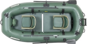 Hunter Green Sea Eagle Stealth Stalker 10 inflatable fishing boat with two seats, oars, and fish rulers.