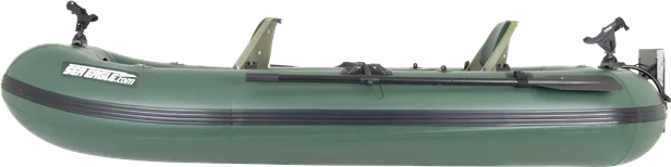 Hunter green Sea Eagle Stealth Stalker 10 inflatable fishing boat with two seats, oars, and rod holders.