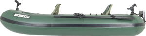 Hunter green Sea Eagle Stealth Stalker 10 inflatable fishing boat with two seats, oars, and rod holders.
