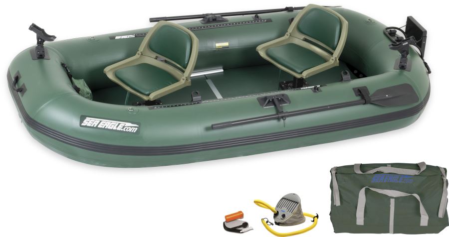 Hunter green Sea Eagle Stealth Stalker 10 inflatable fishing boat with two seats, oars, and rod holders.