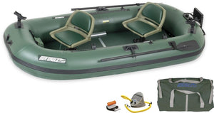 Hunter green Sea Eagle Stealth Stalker 10 inflatable fishing boat with two seats, oars, and rod holders.