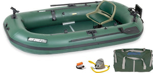 Hunter Green Sea Eagle Stealth Stalker 10 inflatable fishing boat with seat, oars, rod holders, pump, and carry bag.