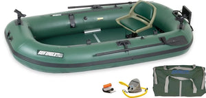 Hunter Green Sea Eagle Stealth Stalker 10 inflatable fishing boat with seat, oars, rod holders, pump, and carry bag.