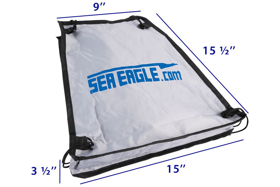 Sea Eagle Stow Bag: light gray 440D nylon, 15.5"x15"x3.5" with black drawstring closure.