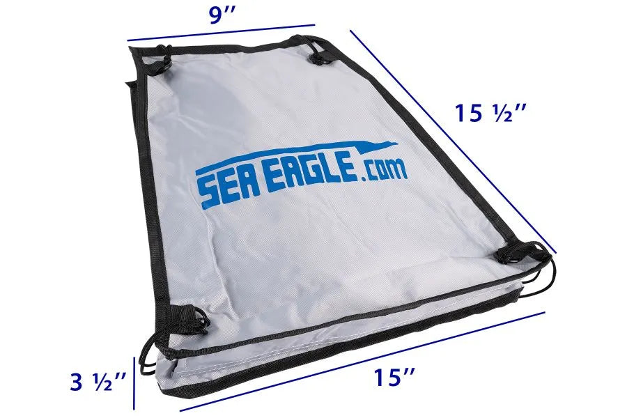 Sea Eagle Stow Bag: light gray 440D nylon, 15.5"x15"x3.5" with black drawstring closure.