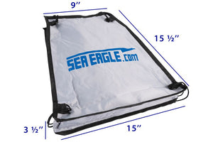 Sea Eagle Stow Bag: light gray 440D nylon, 15.5"x15"x3.5" with black drawstring closure.