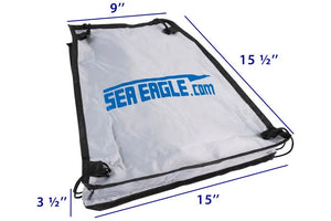 Sea Eagle Stow Bag: light gray 440D nylon, 15.5"x15"x3.5" with black drawstring closure.