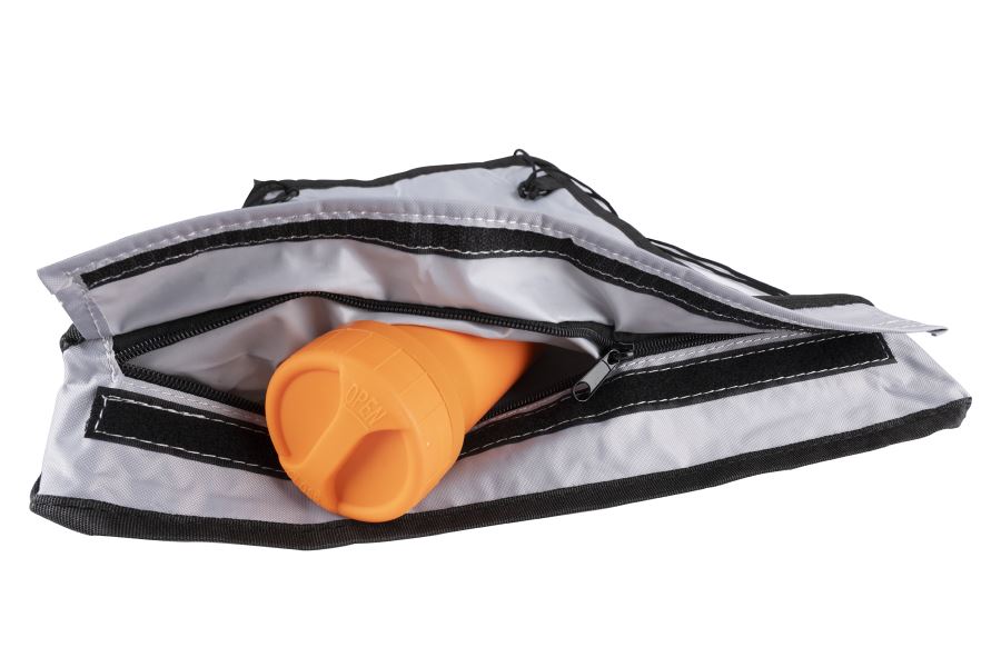 Gray 440 Denier Nylon Sea Eagle Stow Bag for kayaks, open with an orange pump inside.