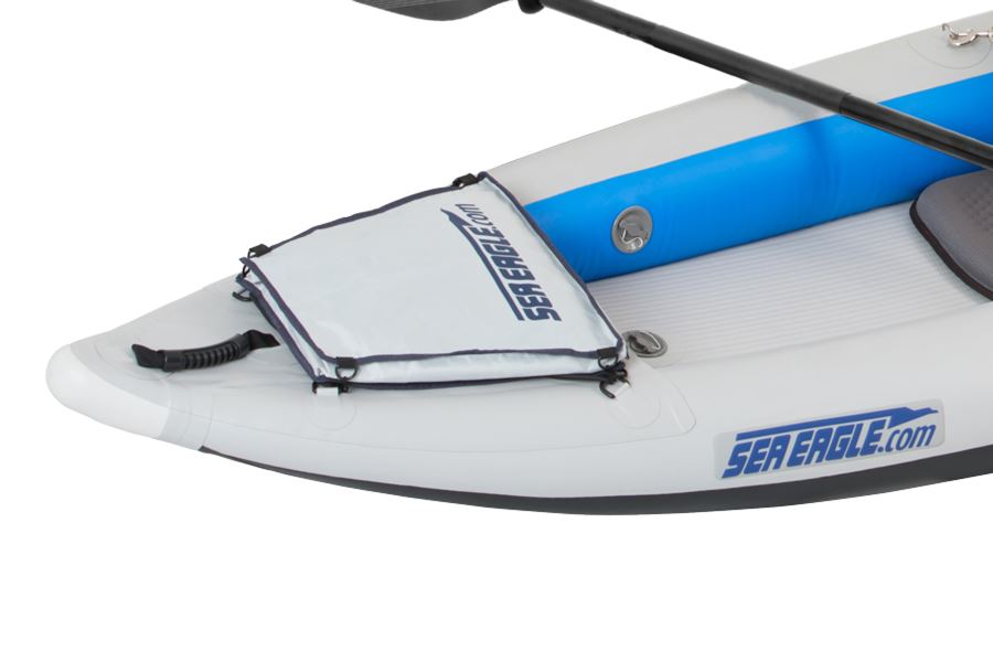 Light gray Sea Eagle Stow Bag on a white inflatable kayak, secured with bungee cords.