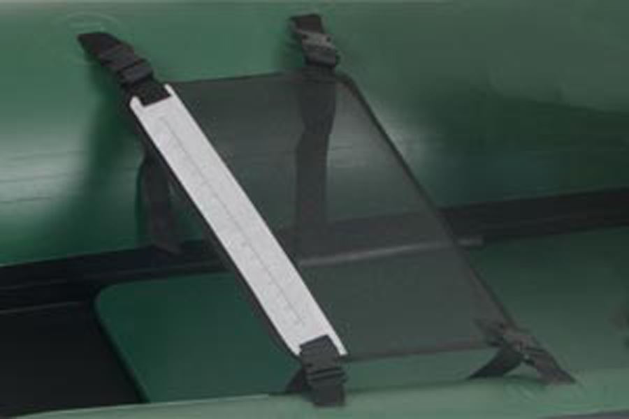Sea Eagle Stripping Apron: black mesh with white fish ruler, quick-release clips, attached to a green inflatable boat.