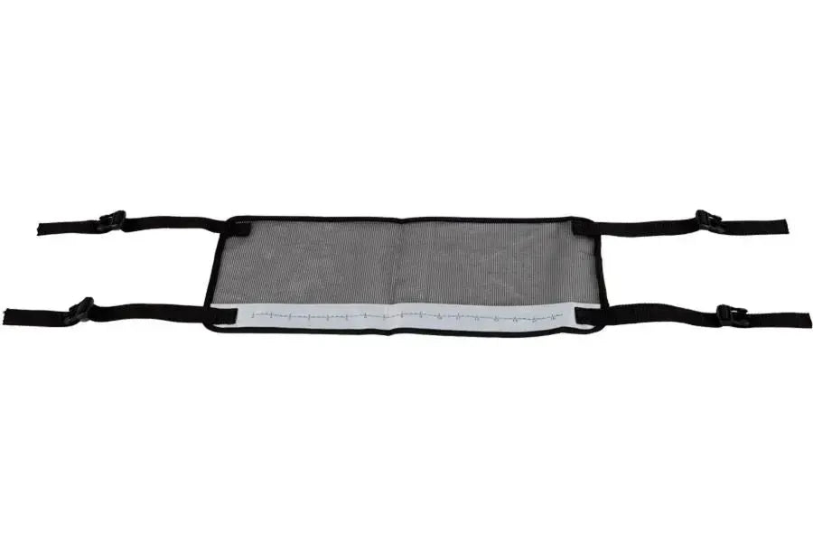 Sea Eagle Stripping Apron: black mesh with white fish ruler, quick-release clips, attached to a green inflatable boat.