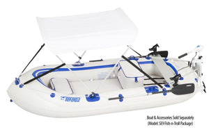 White Sea Eagle Sun & Rain Canopy on an inflatable boat, with folding aluminum tubing.