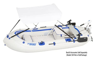 White Sea Eagle Sun & Rain Canopy on an inflatable boat, with folding aluminum tubing.