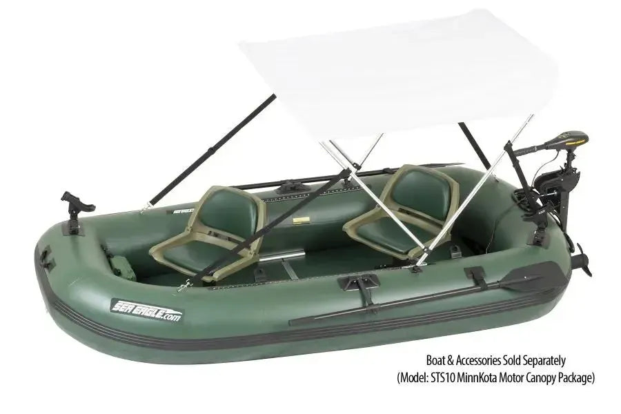 White Sea Eagle Sun & Rain Canopy on an inflatable boat, with folding aluminum tubing.