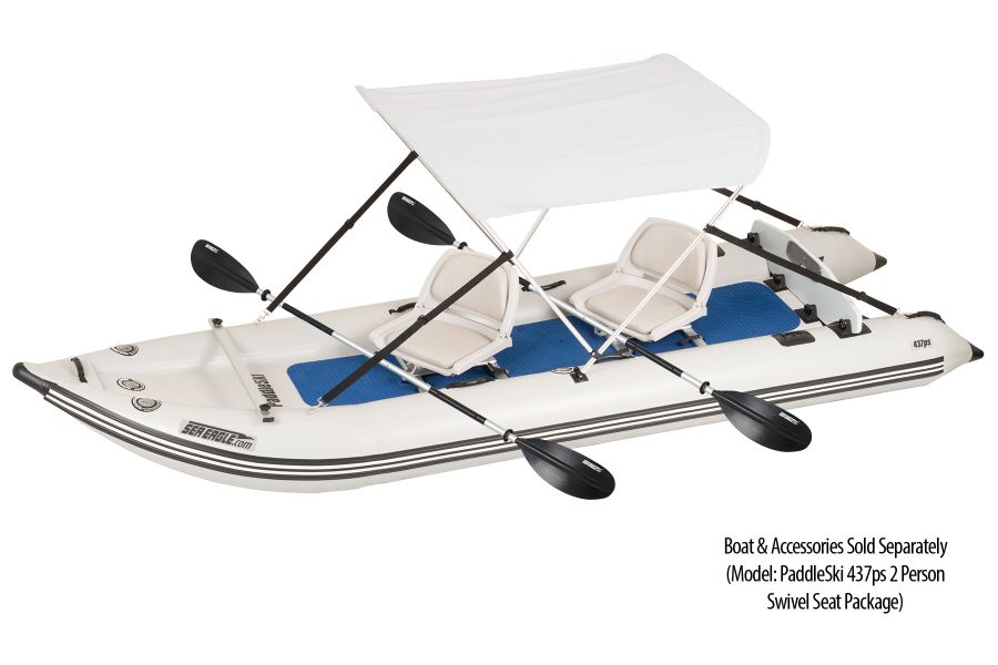 White Sea Eagle Sun &amp; Rain Canopy on a PaddleSki 437ps boat with two seats and paddles.