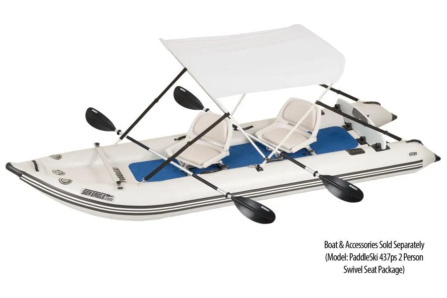 White Sea Eagle Sun & Rain Canopy on a PaddleSki 437ps boat with two seats and paddles.