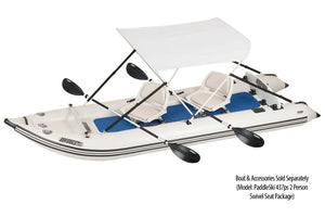 White Sea Eagle Sun & Rain Canopy on a PaddleSki 437ps boat with two seats and paddles.