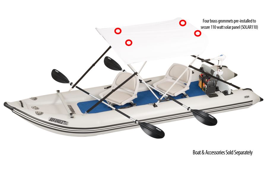White Sea Eagle Sun &amp; Rain Solar 110 Canopy with red grommets on a boat, featuring a folding aluminum frame.